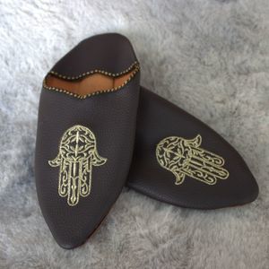 Handmade Leather Moroccan Babouche Mules | Black w/ Gold Hamsa Embroidery | 6.5